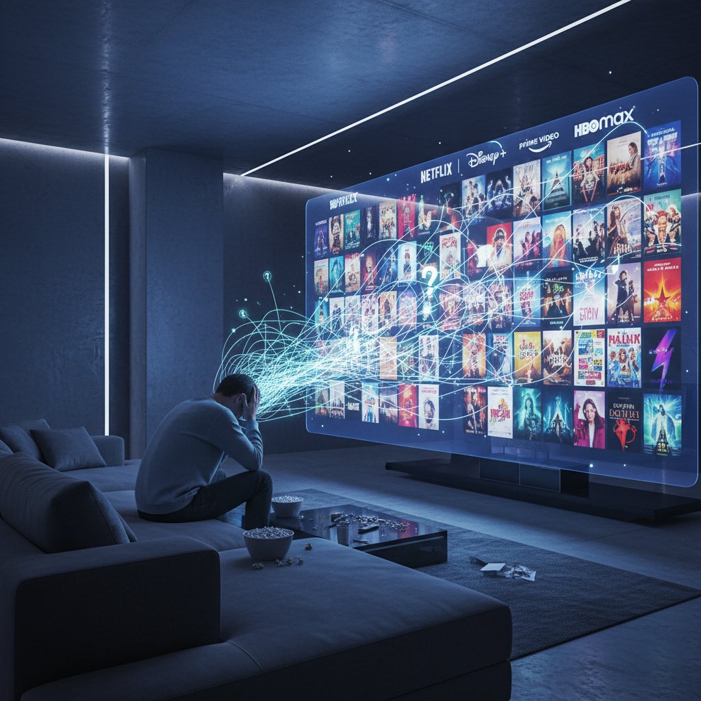 Psychological tension of a person surrounded by movie options, streaming decision fatigue illustration, modern style, 16:9