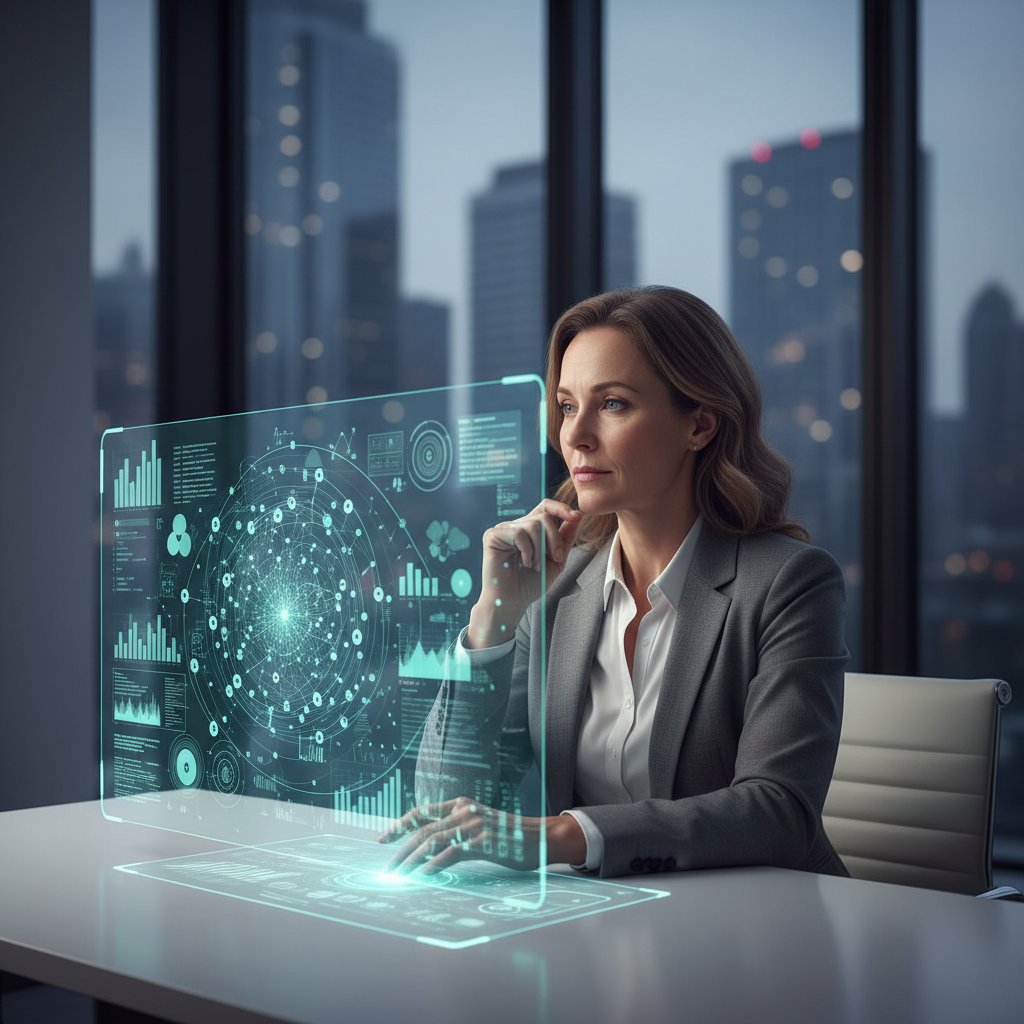 Psycholog i komputer z wizualizacją AI podczas wspólnej analizy przypadku