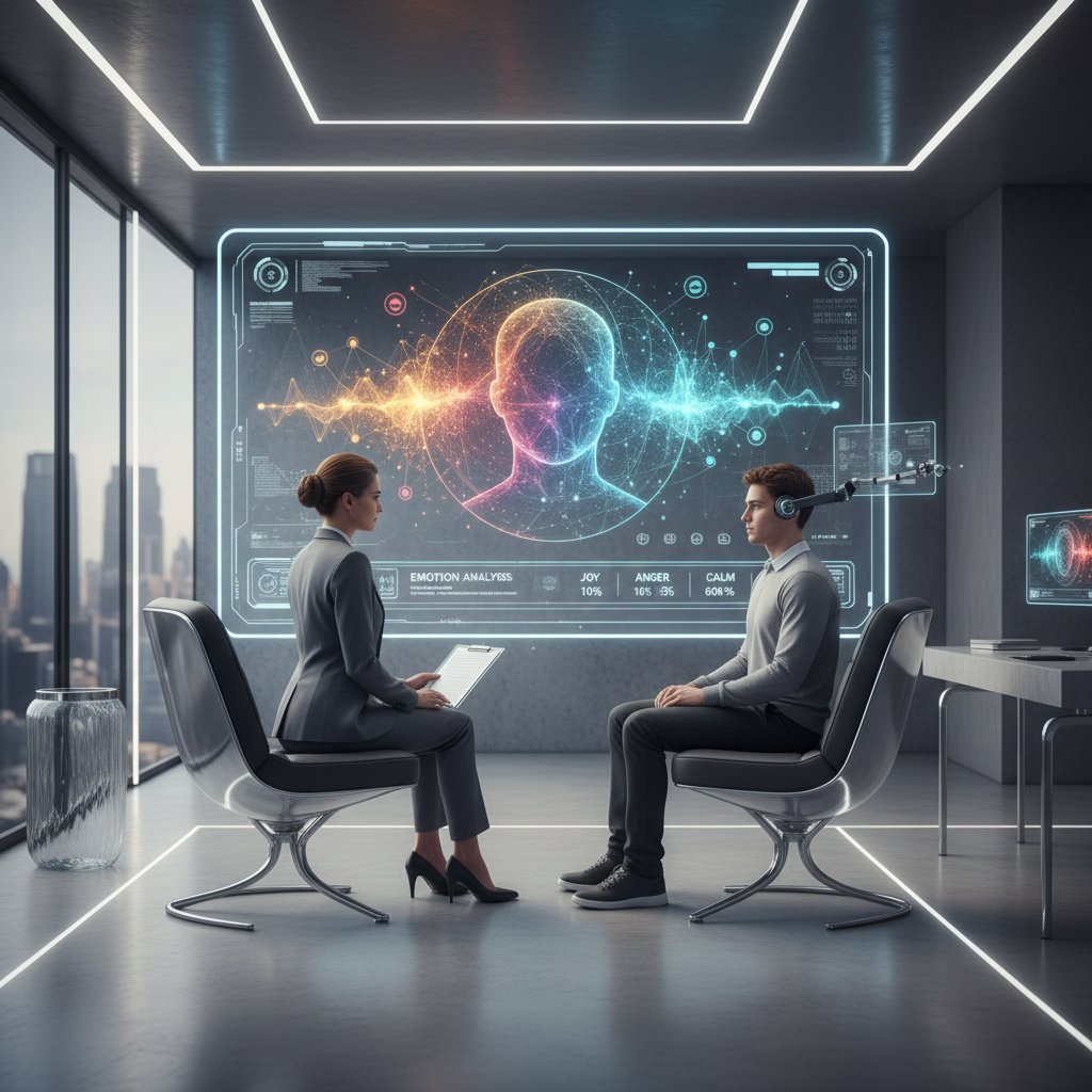 Psycholog pracy analizujący dane AI na ekranie w nowoczesnym biurze, zastosowanie AI w miejscu pracy