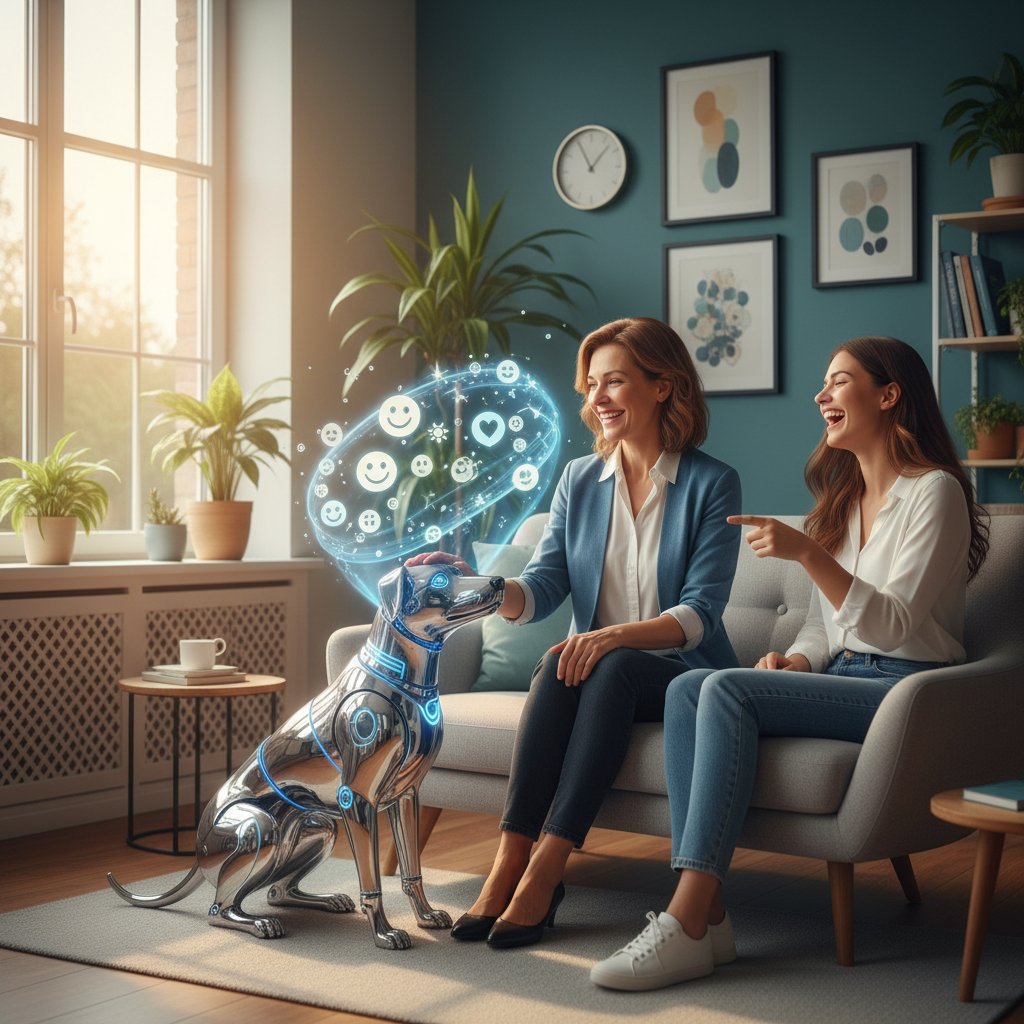 Psycholog siedzący naprzeciwko ekranu z wirtualnym pieskiem, słowa kluczowe: psychologist, AI dog, positive emotion