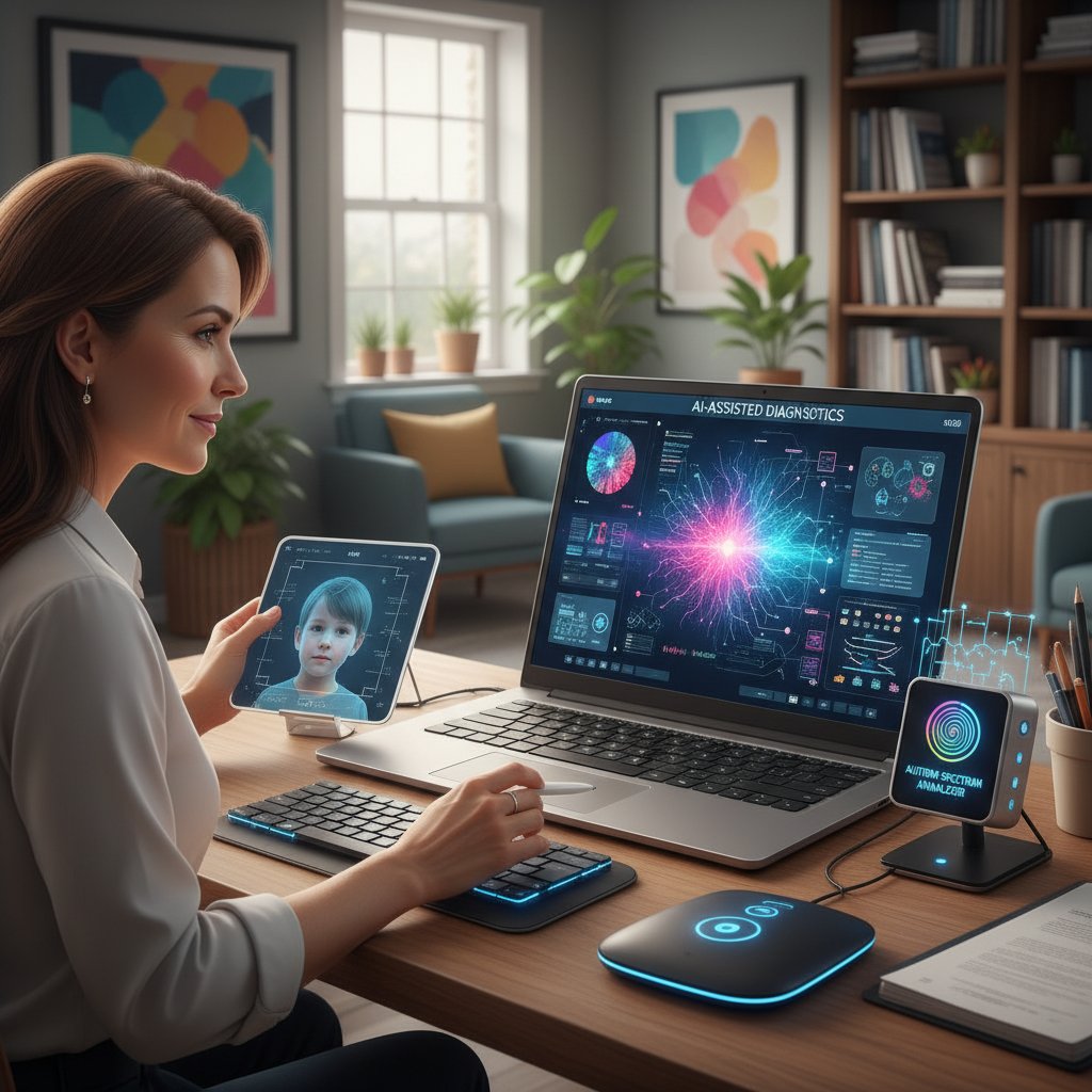 Psycholog korzystający z laptopa i narzędzi AI do wsparcia diagnozy AT