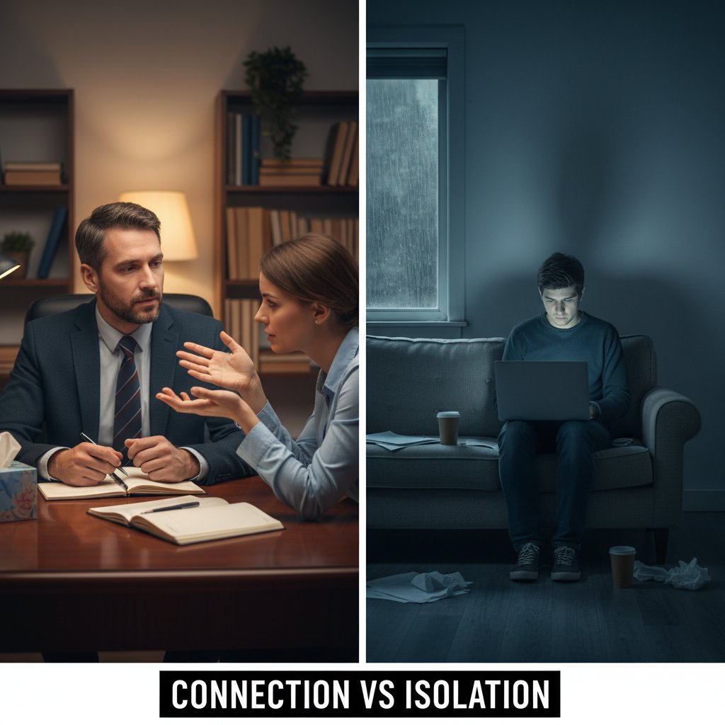 Psycholog i osoba przy biurku kontra samotna osoba przy laptopie, porównanie