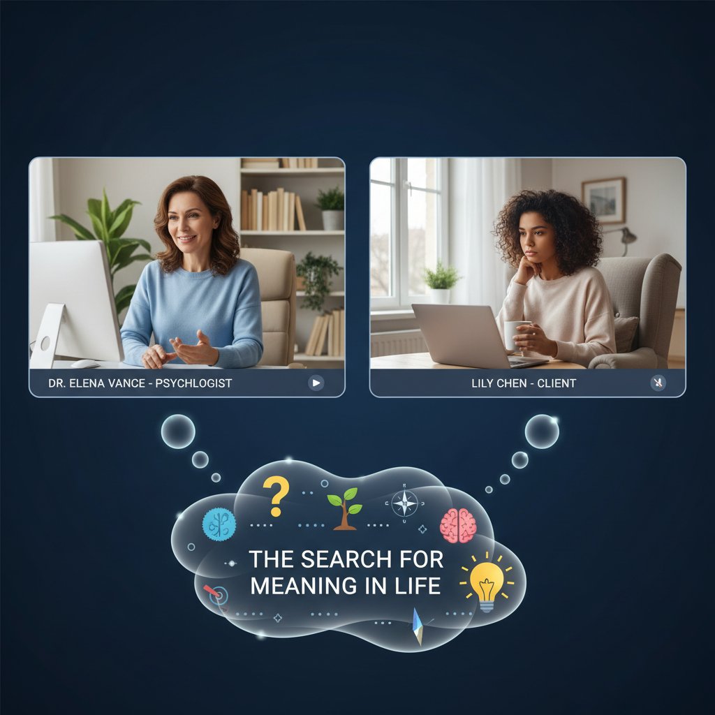 Psycholog i klient podczas sesji online, rozważający sens życia