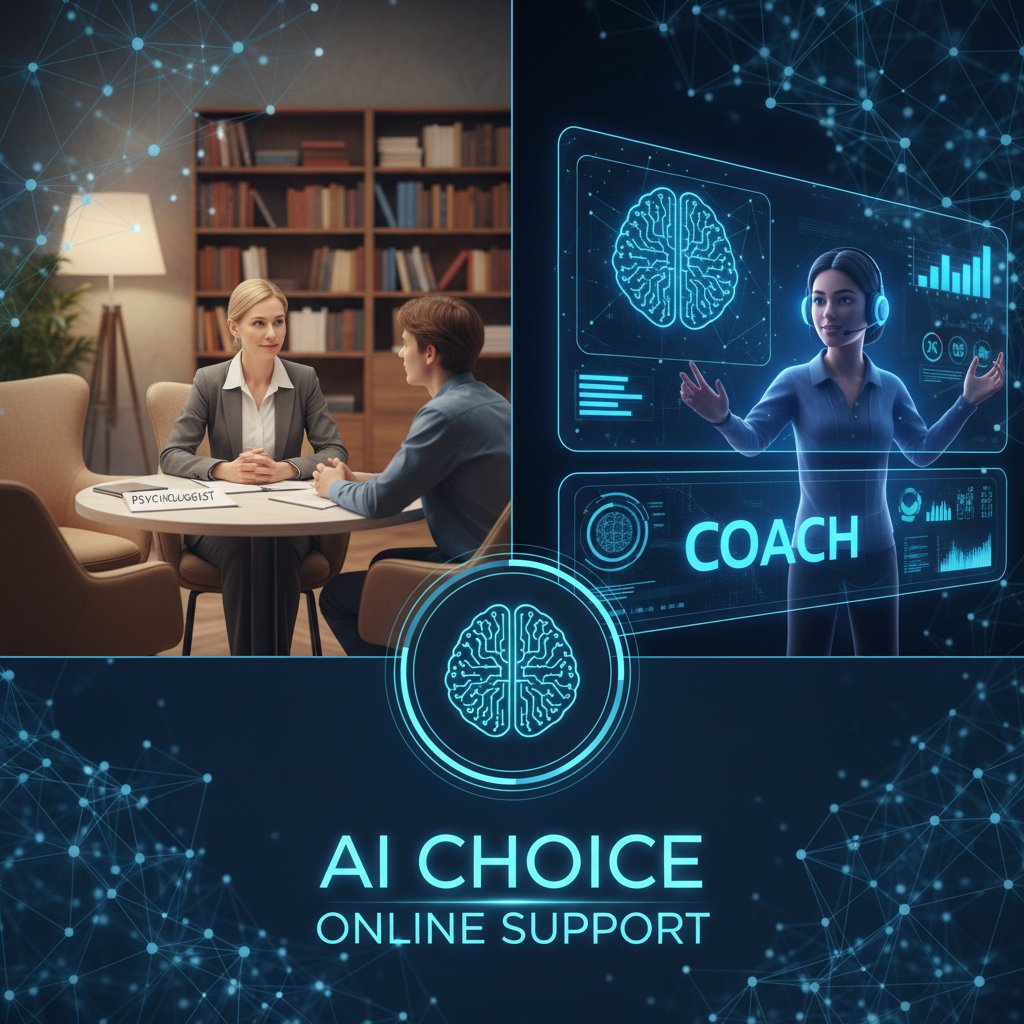 Psycholog, coach i AI – symboliczna scena wyboru w sesji online