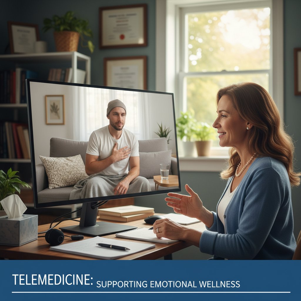 Psycholog prowadzi konsultację online z pacjentem onkologicznym – wsparcie, emocje, telemedycyna