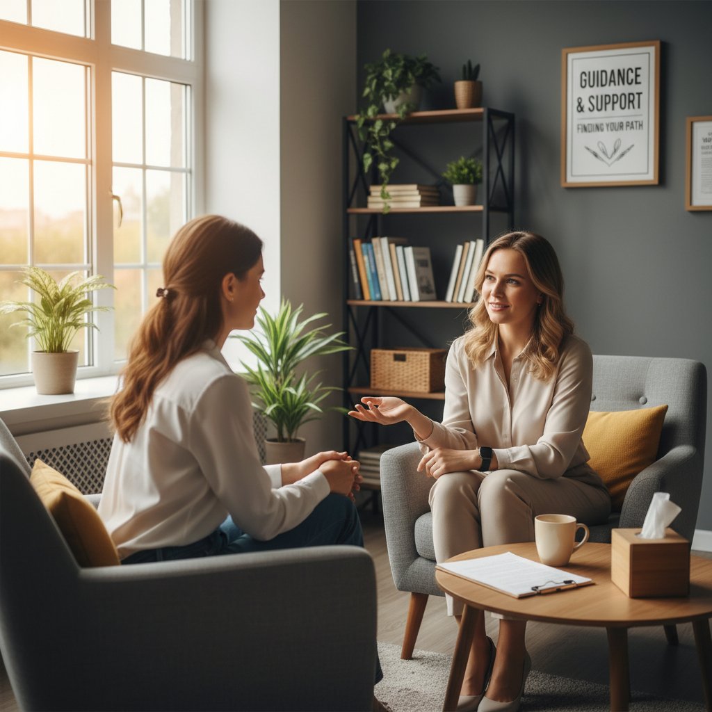 Psycholog rozmawiający z osobą w kryzysie w neutralnym, przyjaznym gabinecie