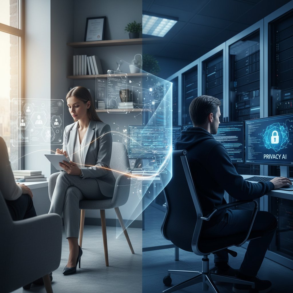 Psycholog i administrator danych analizują bezpieczeństwo danych AI, ochrona prywatności w pracy