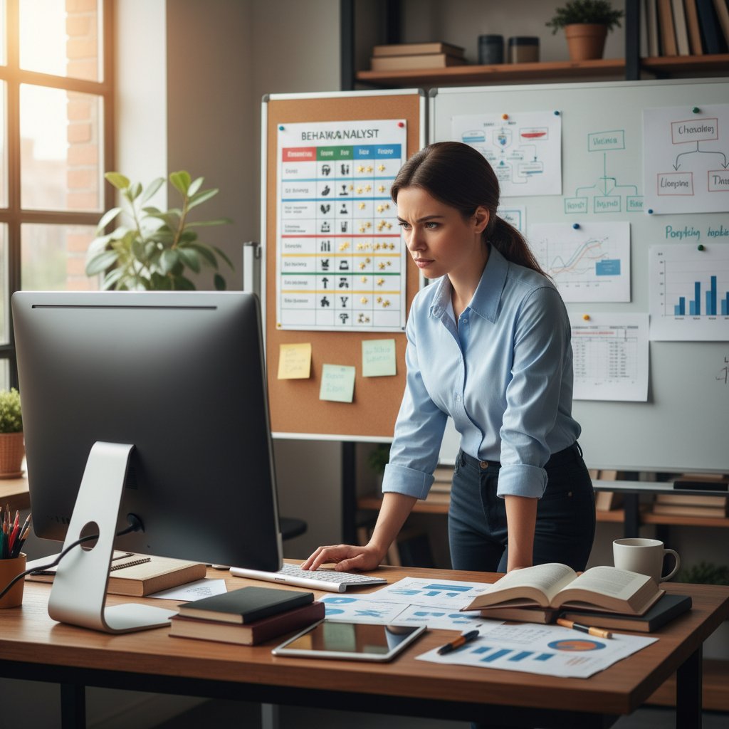 Psycholog analizujący dane na monitorze, wykresy zachowań i emocji, otoczenie biurowe