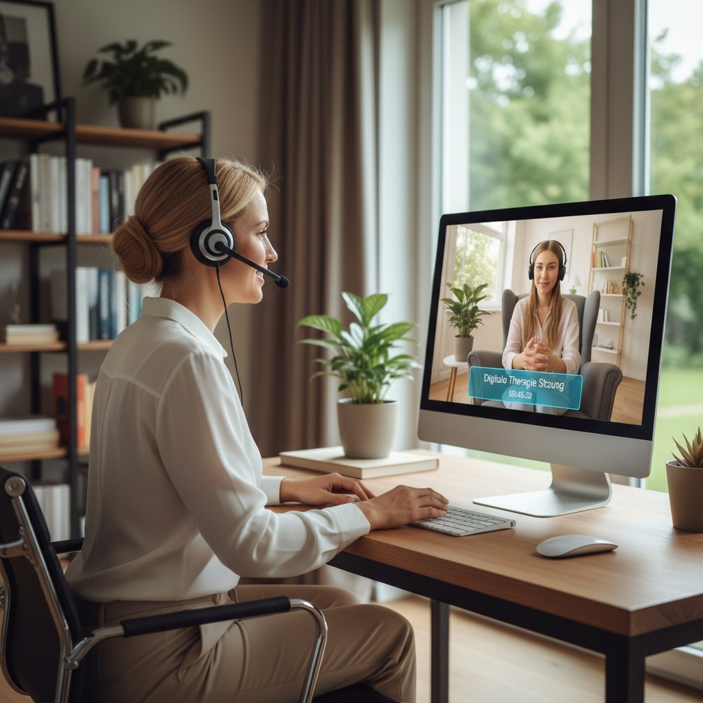 Psychologe mit Headset im Videogespräch mit Patient auf Laptop, Illustration digitaler Therapie