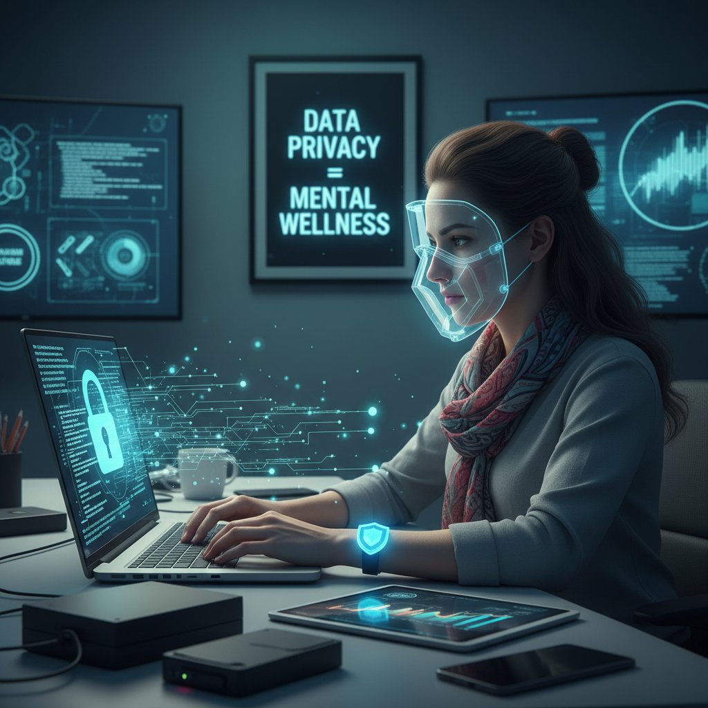 Psycholog w maseczce, trzymający laptop z widocznymi zabezpieczeniami danych na ekranie