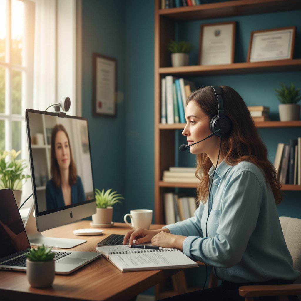 Konsultacja psychologa online, kobieta w słuchawkach rozmawiająca przez komputer