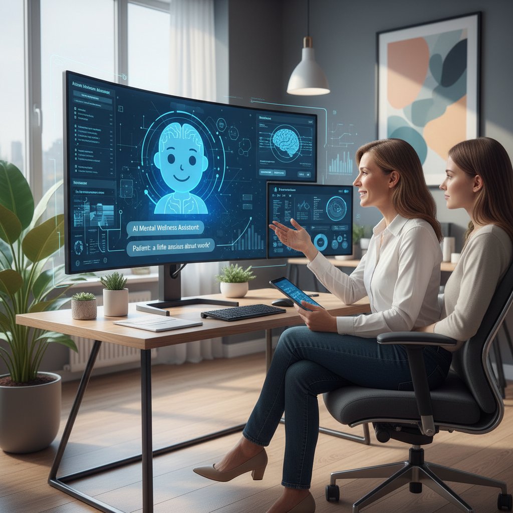 Psycholog rozmawia z pacjentem przez komputer, prezentując wsparcie AI w zdrowiu psychicznym