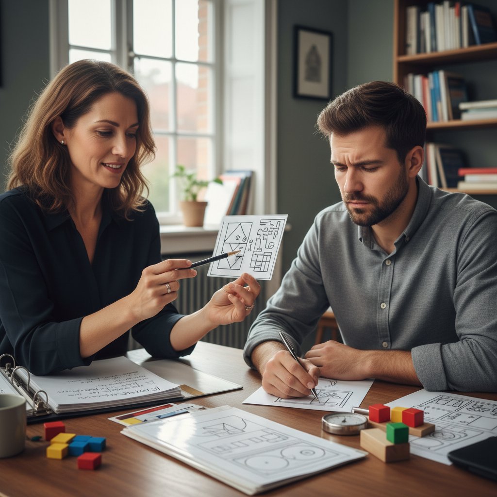 Psycholog i pacjent przy biurku, prowadzenie testu neuropsychologicznego, dokumentacja, emocje