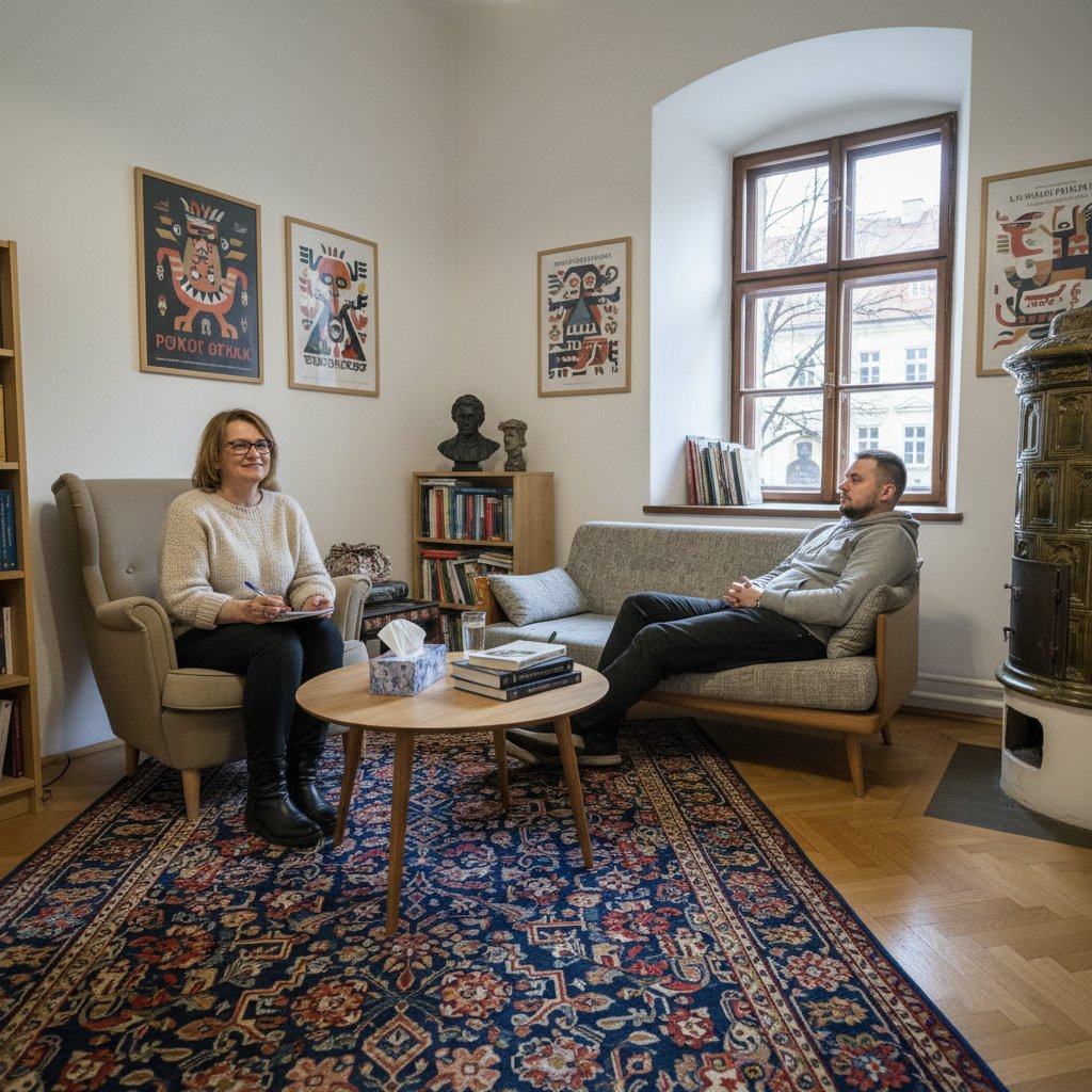 Psycholog prowadząca rozmowę z pacjentem, subtelna dynamika emocjonalna w polskim gabinecie