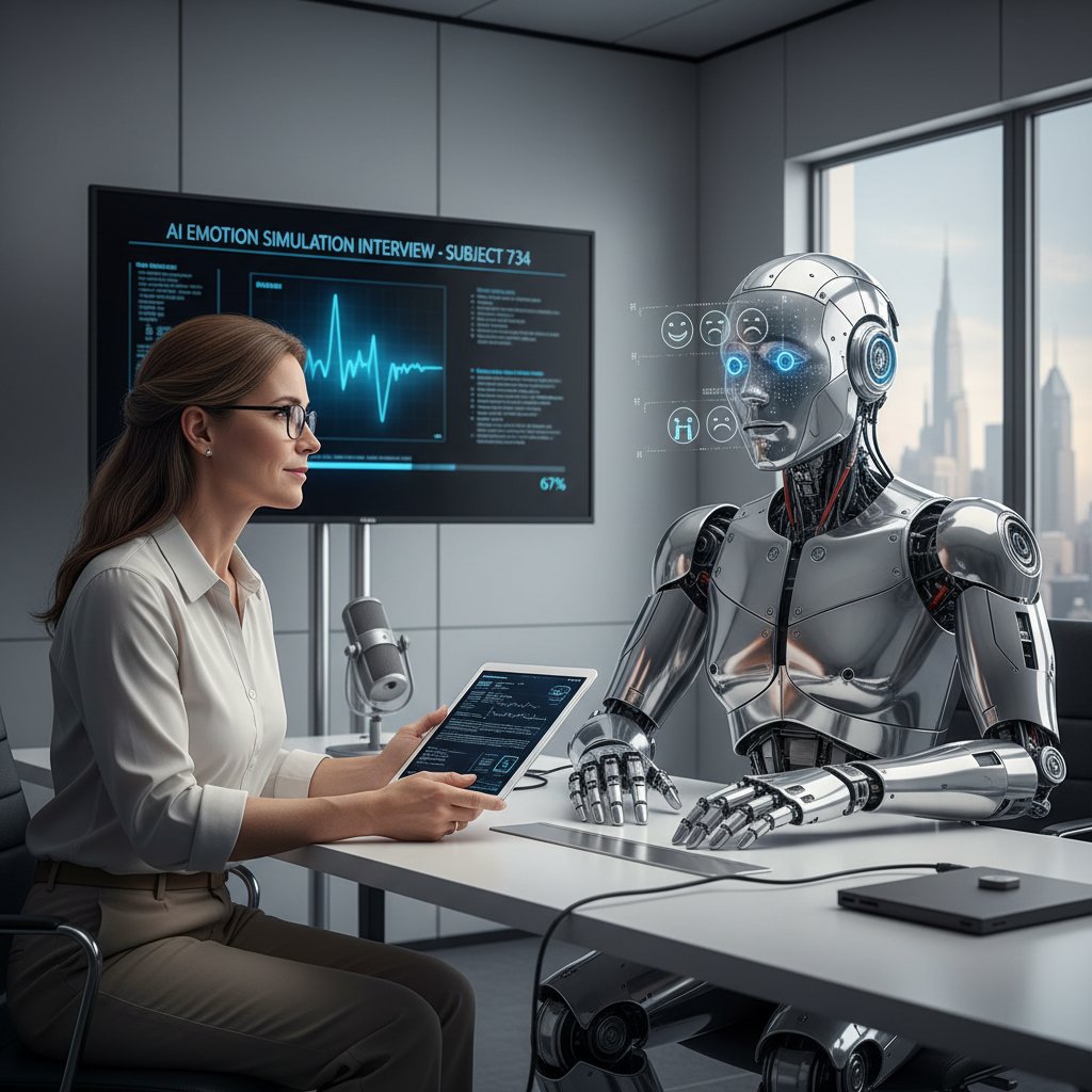Psycholog rozmawiający z robotem, ilustracja symulacji emocji w AI