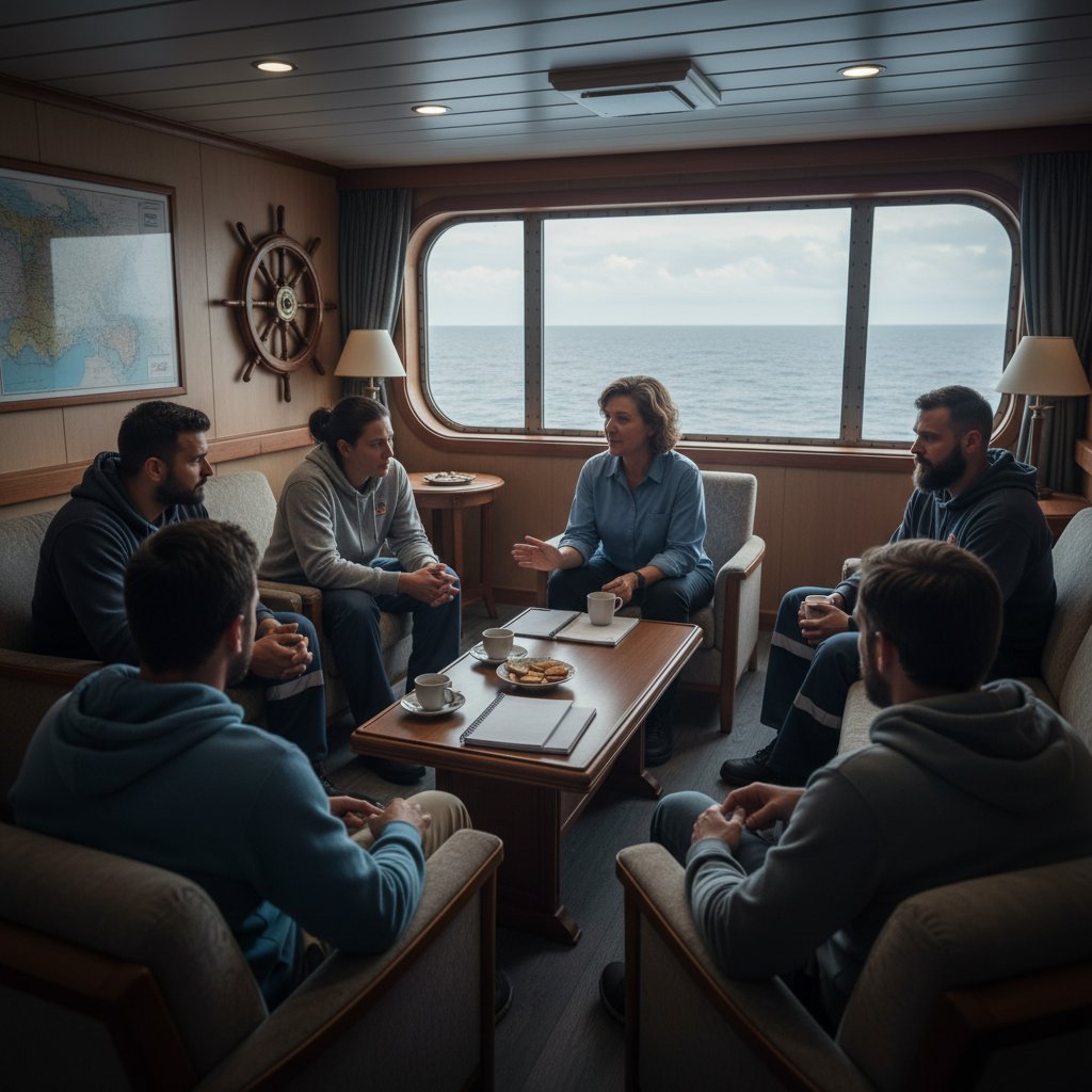 Psycholog prowadzący grupę wsparcia dla marynarzy na statku, atmosfera zaufania i otwartości