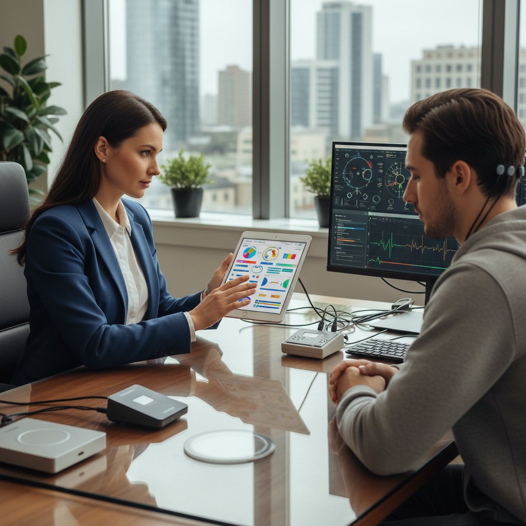 Psycholog korzystający z tabletu, cyfrowe testy neuropsychologiczne, nowoczesna technologia