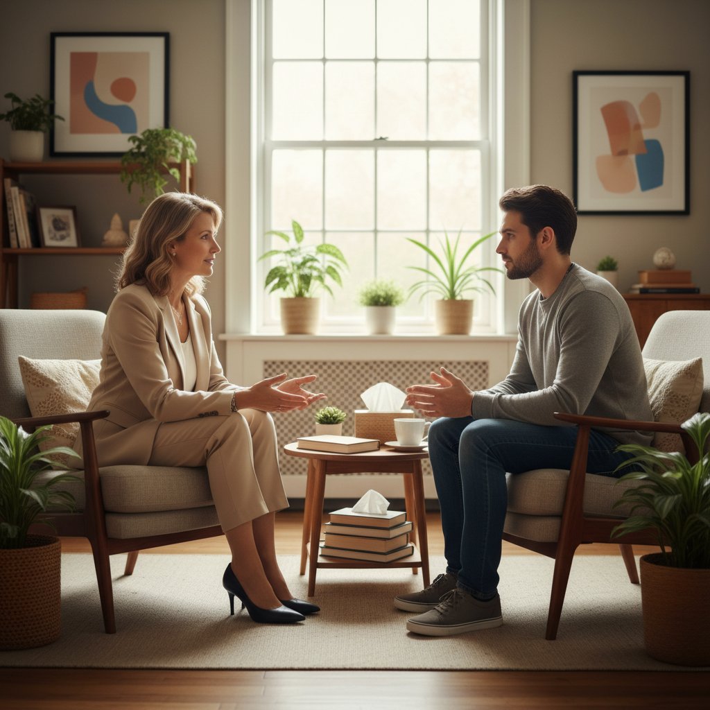 Psycholog rozmawiający z pacjentem w gabinecie – ilustracja wsparcia psychoterapeutycznego