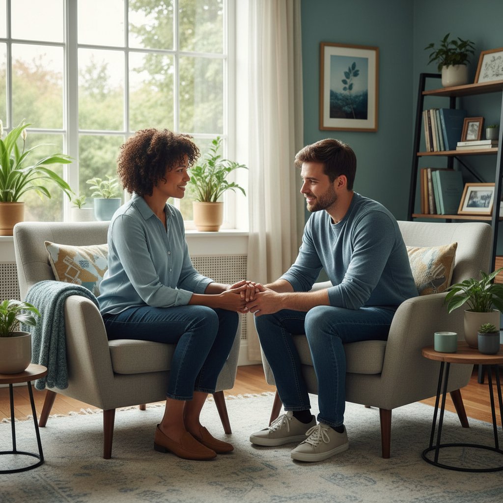 Psycholog i pacjent rozmawiający w gabinecie, atmosfera zaufania i wsparcia
