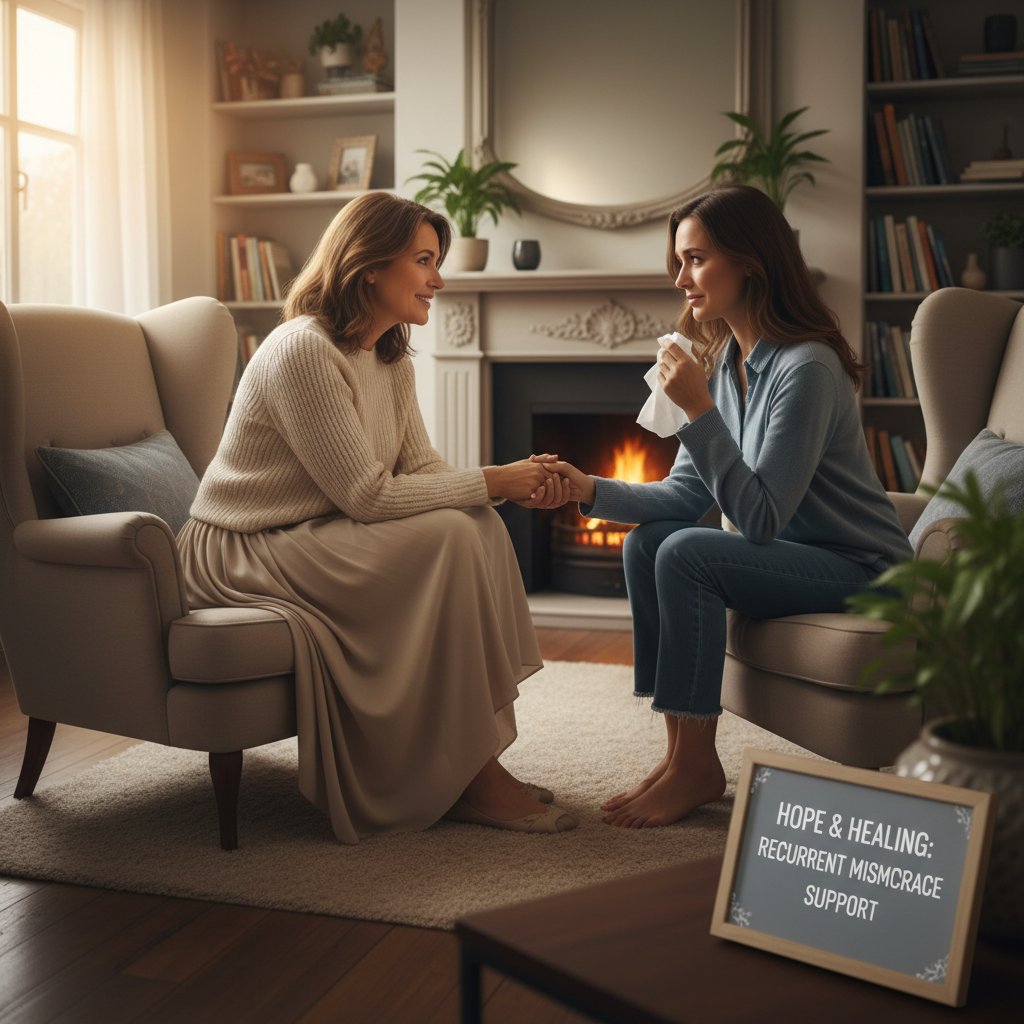 Psycholożka rozmawia z kobietą w ciepłym, przyjaznym gabinecie, wsparcie po poronieniu nawracającym