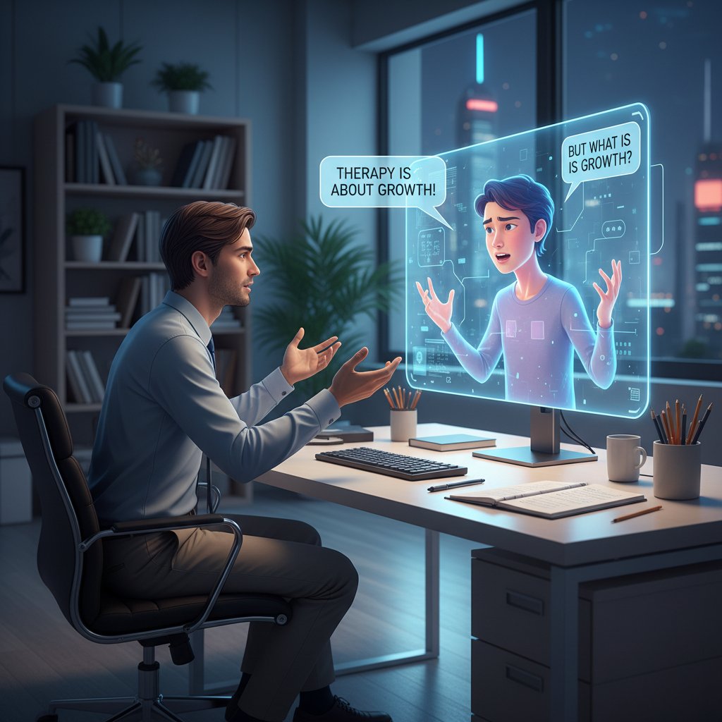 Psycholog rozmawiający z młodą osobą na tle ekranu komputera z widocznym cyfrowym awatarem