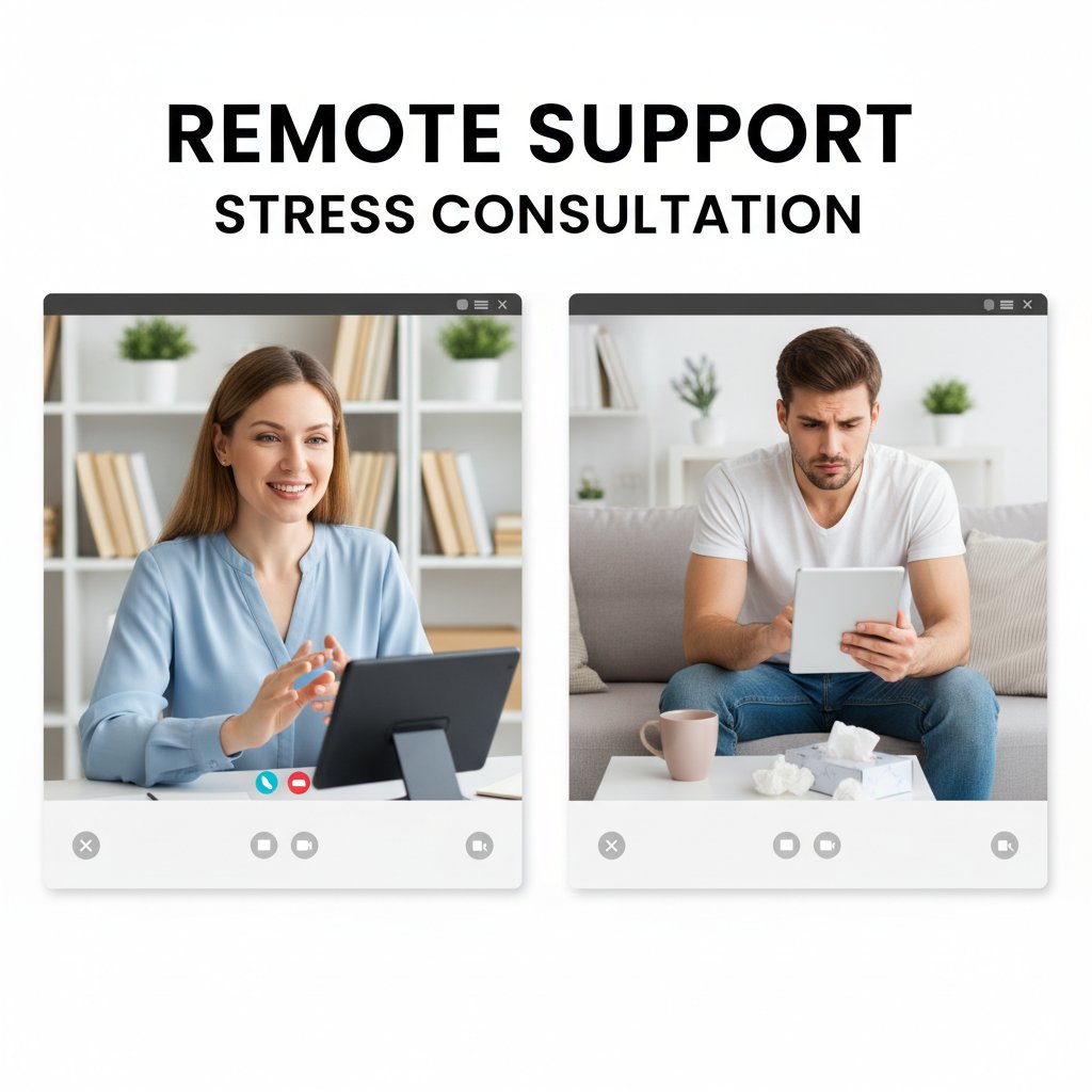 Psycholog konsultujący pacjenta online, pomoc specjalistyczna, słowa kluczowe: konsultacja online, psycholog, wsparcie zdalne, stres