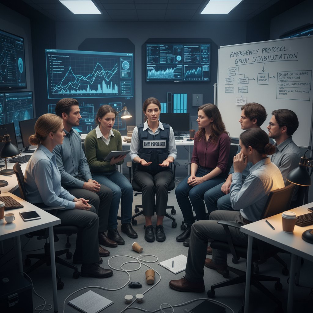 Psycholog rozmawiający z grupą uczestników po symulacji kryzysowej, atmosfera wsparcia