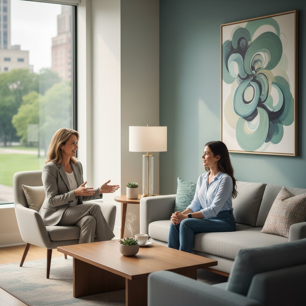 Psycholog rozmawiający z klientem w nowoczesnym gabinecie, atmosfera zaufania i spokoju