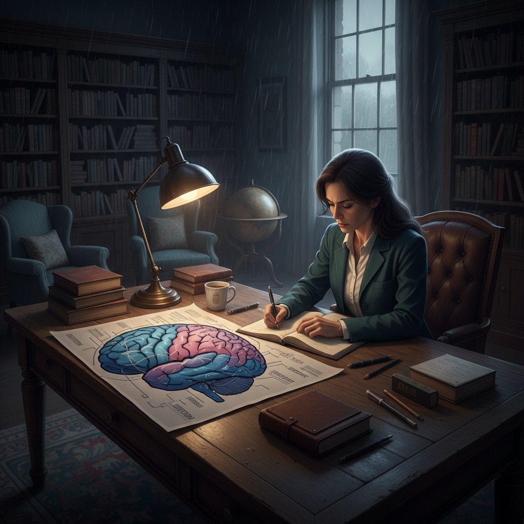 Psycholog tłumaczący okno tolerancji w gabinecie na szklanej tablicy z diagramami mózgu