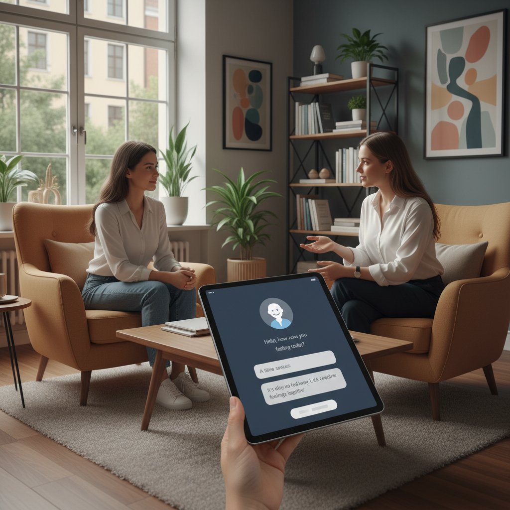 Gabinet psychologa, na stole leży tablet z aplikacją chatbota