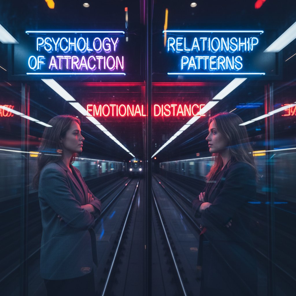 Two people sitting apart on a subway with neon lights reflecting emotional distance, illustrating psychology of attraction and emotional patterns in relationships