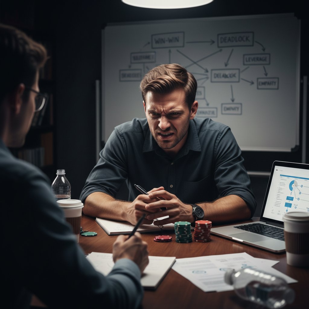 Psychologiczny portret osoby podczas trudnych negocjacji, podkreślający złożoność lobbingu