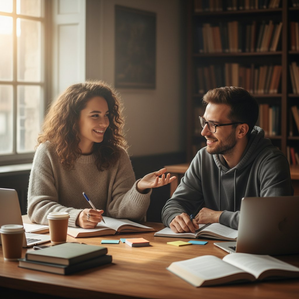 Student psychologii doradzający koledze podczas nauki, uśmiechy, wsparcie