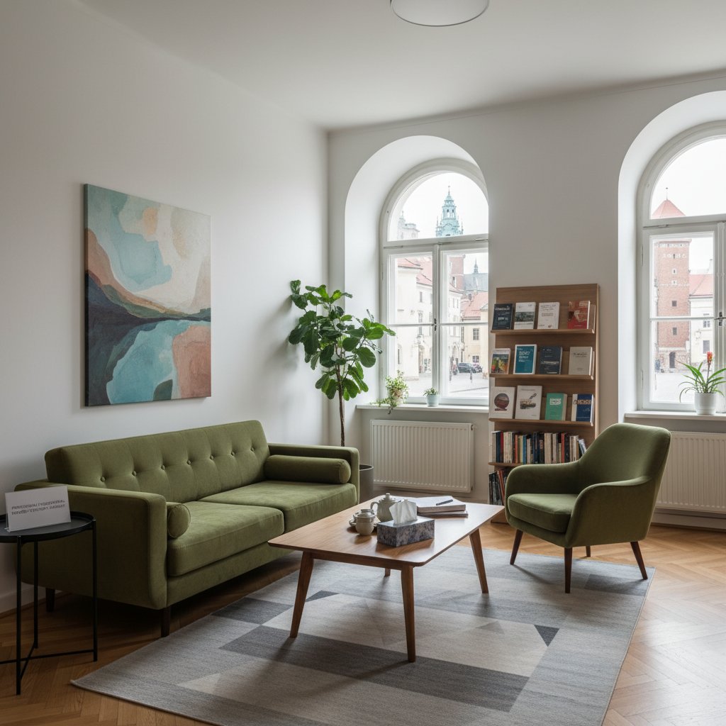 Zdjęcie gabinetu psychoterapeutycznego w Krakowie, profesjonalna atmosfera, motyw wsparcia