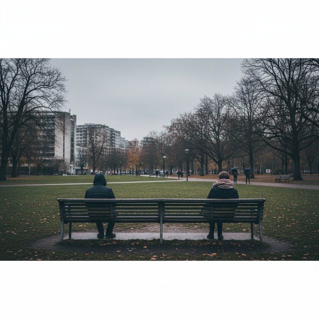 Ławka w parku, dwie osoby siedzące daleko od siebie, szare niebo, dystans społeczny