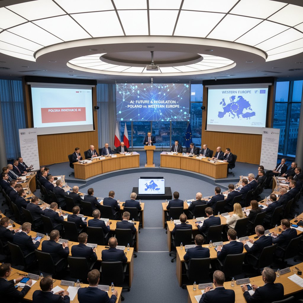 Debata publiczna na temat AI, grupa ludzi w Polsce kontra grupa na Zachodzie, kontrastujące style spotkań