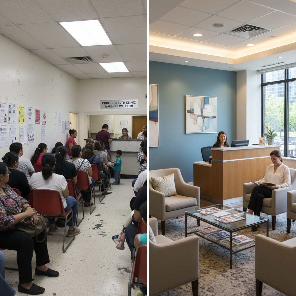 Poczekalnia w publicznej placówce medycznej vs. ekskluzywny prywatny gabinet laryngologiczny, kontrast