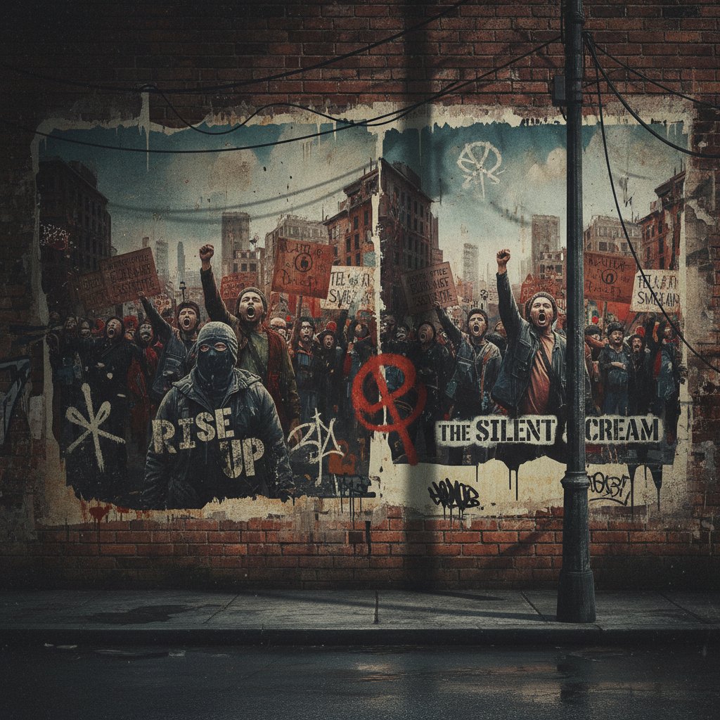 Public protest scene with film posters, gritty street art style, 16:9
