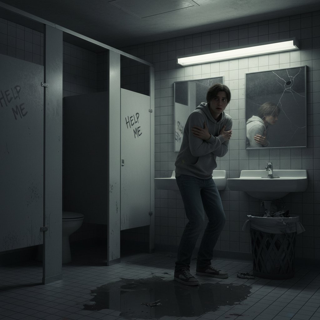 Osoba z wrzodziejącym zapaleniem jelita grubego w toalecie publicznej, niepokój