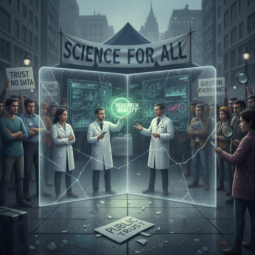 Crowd at a public science event, some skeptical, highlighting the need for improved research quality