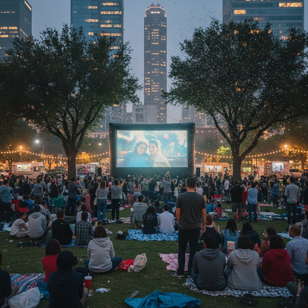 Public screening in urban park, diverse crowd reacting emotionally, dusk setting, 16:9
