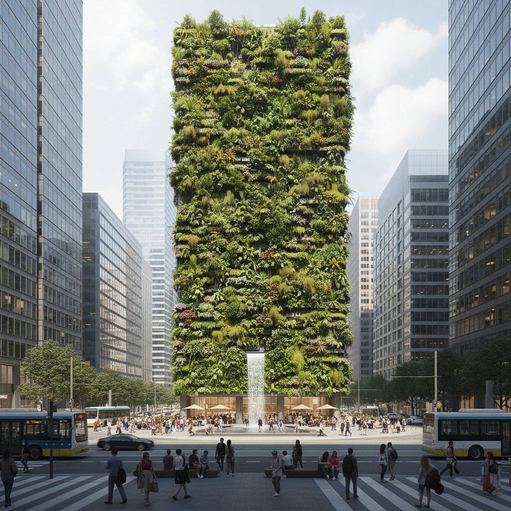 Przestrzeń publiczna z dużą zieloną ścianą wertykalną w centrum miasta