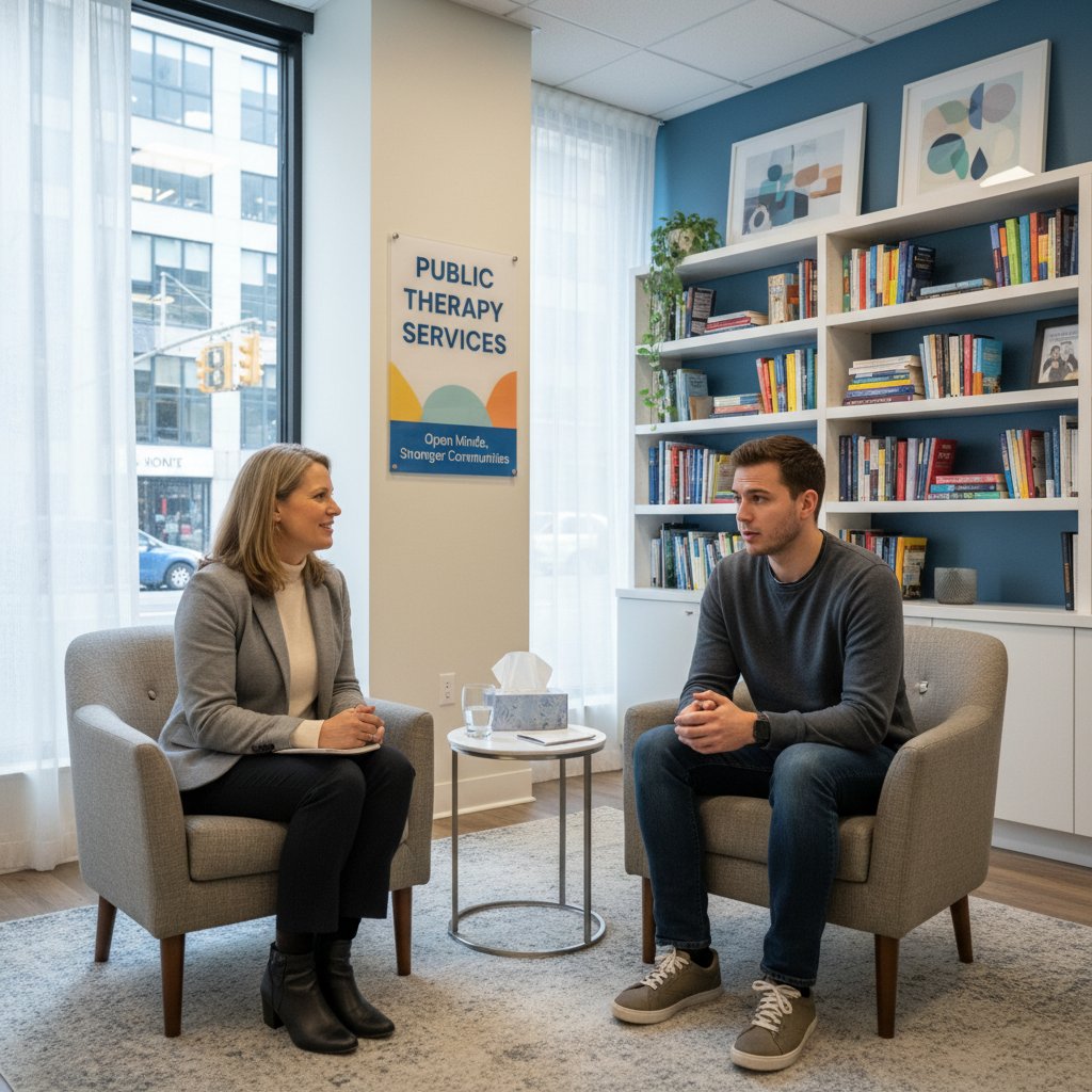 Terapeuta prowadzi sesję w gabinecie NFZ – realia pracy publicznej służby zdrowia psychicznego