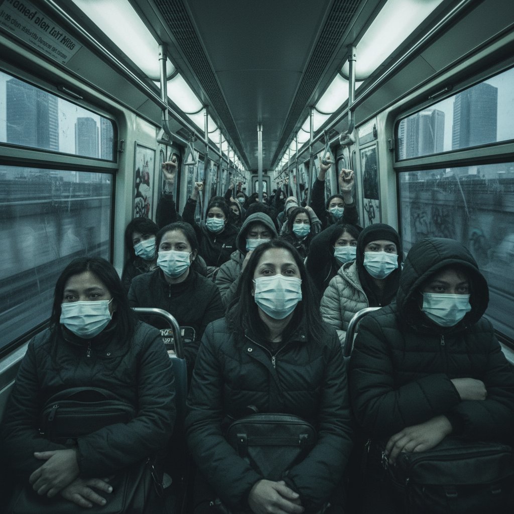 Scena z komunikacji miejskiej w maseczkach, osoby spięte, atmosfera lęku, klaustrofobia