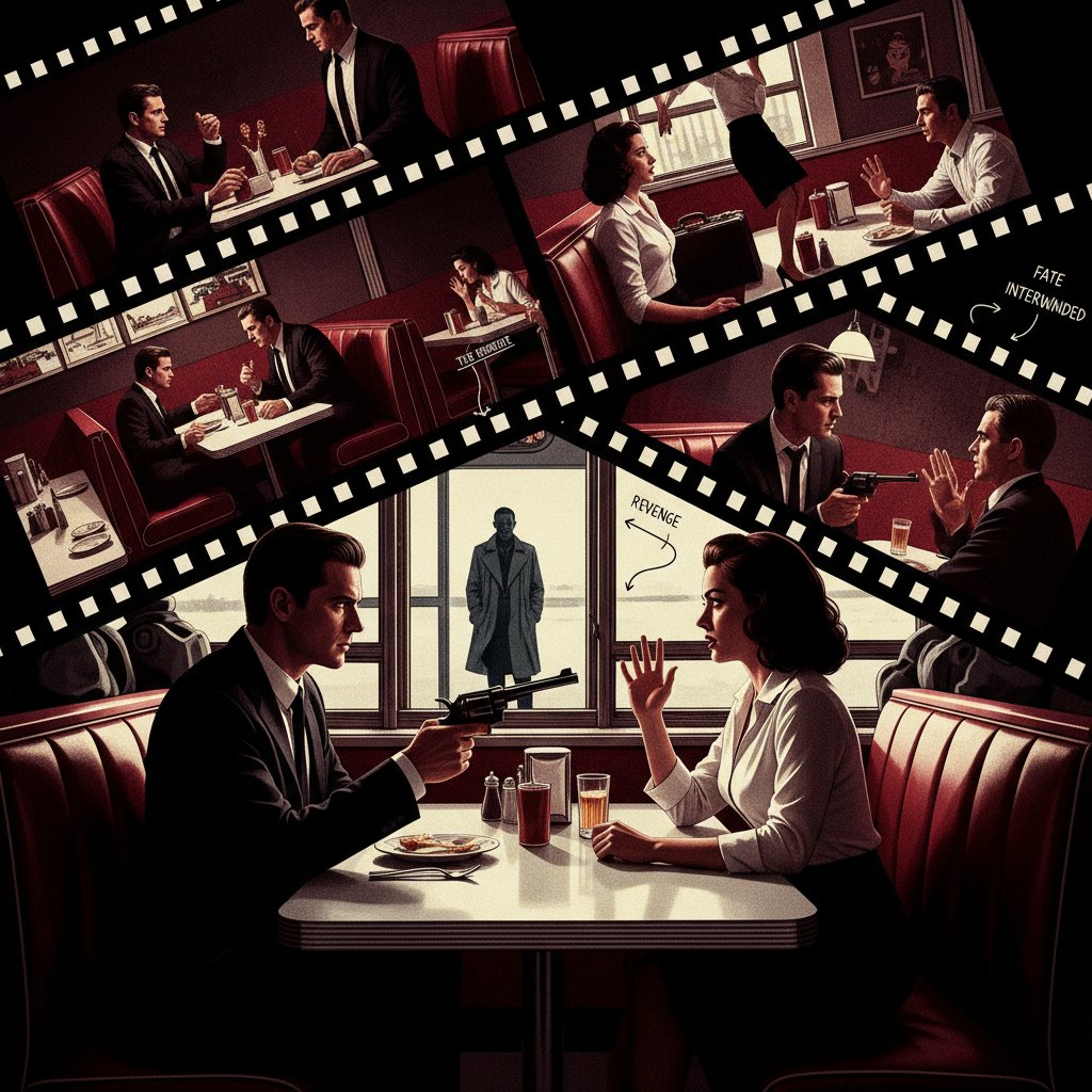 High-contrast photo of Pulp Fiction characters together in a diner, capturing the intersecting storylines of hyperlink movies