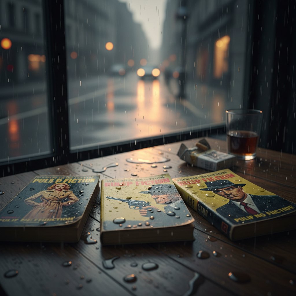 Pulp fiction books inspiring hard boiled movies, rain-soaked vintage paperbacks