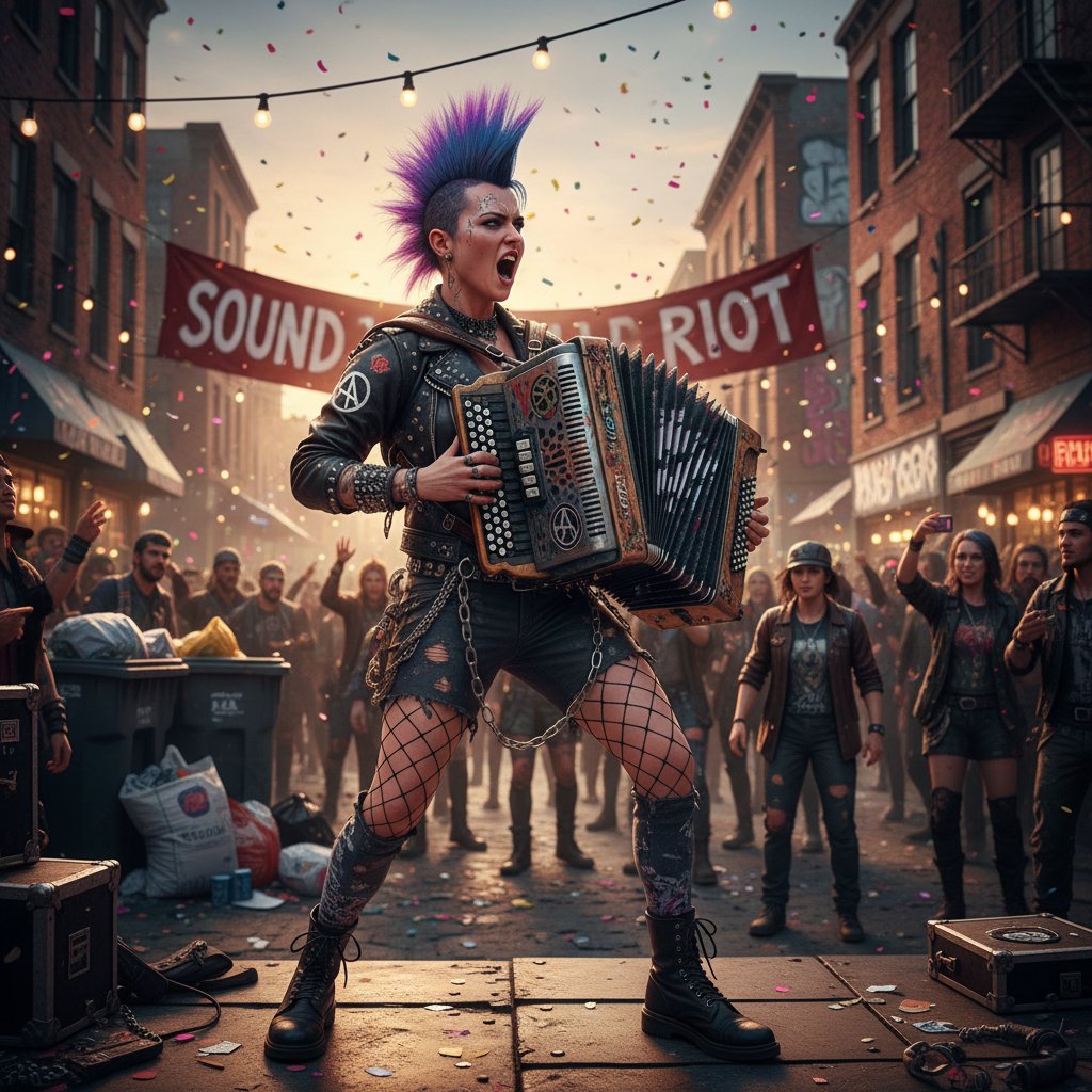 Akordeonista punkowy podczas występu na ulicy, nowe oblicza akordeonu, nauka akordeonu online