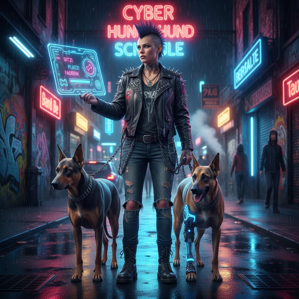 Punkiger deutscher Hundebesitzer trainiert Hund mit futuristischer App in nächtlicher Stadt mit Neonlicht