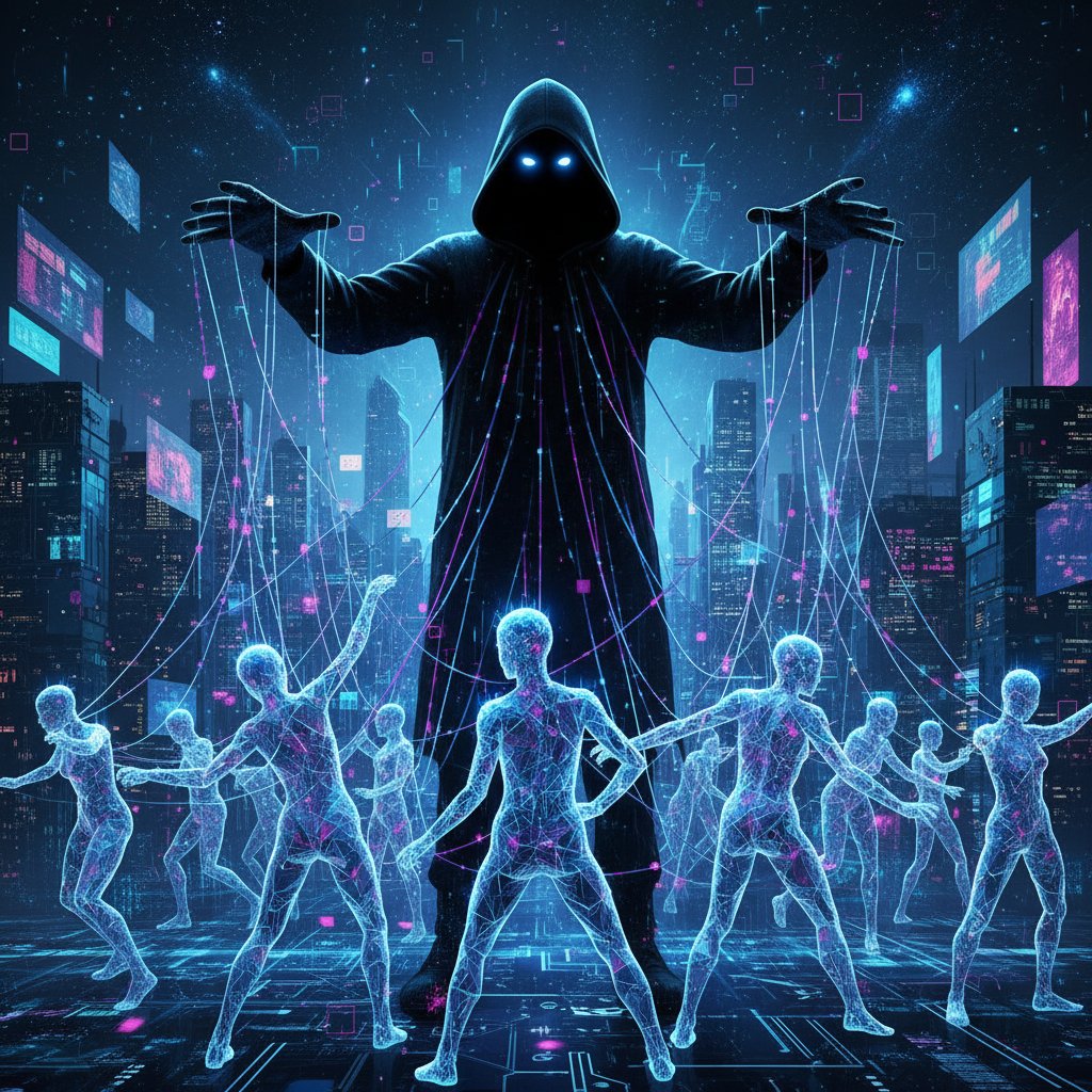 Symboliczna grafika ilustrująca manipulację treściami online przez automatyzację – ręce lalkarza nad laptopem