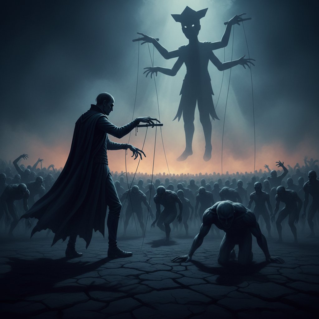 Zdjęcie przedstawiające osobę trzymającą lalkę na sznurkach, symbolizującą kontrolę i manipulację